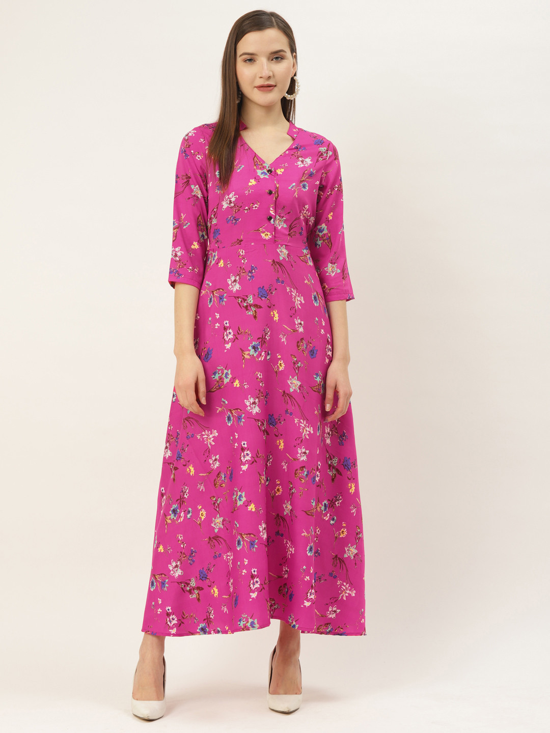 Deewa Women Magenta & Blue Floral Print Maxi Dress