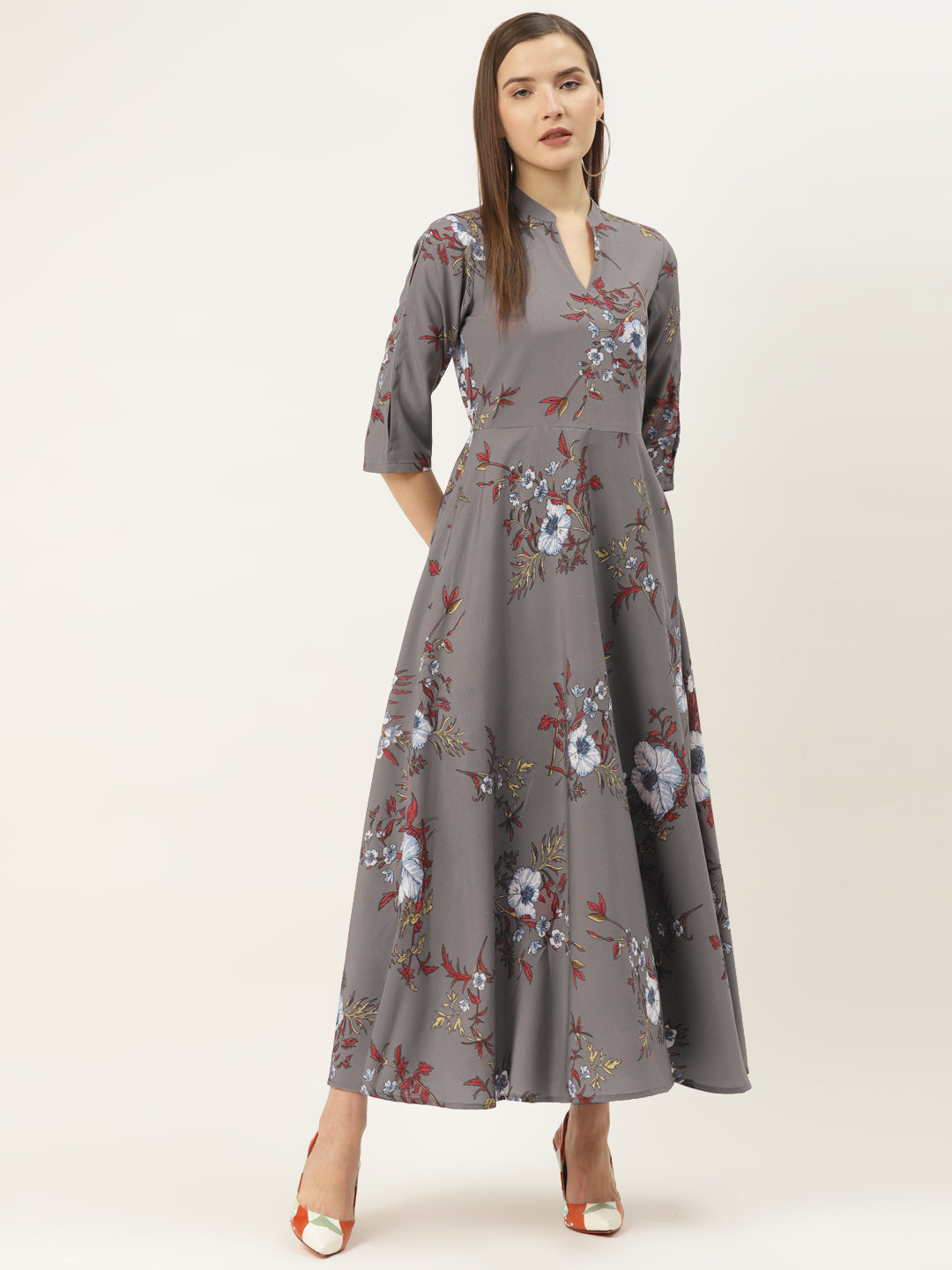 Deewa Women Charcoal Grey & Blue Floral Printed Maxi Dress