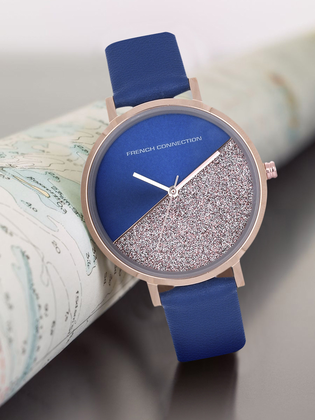 French Connection Women Blue Brass Dial & Blue Leather Straps Analogue Watch FCN0008G