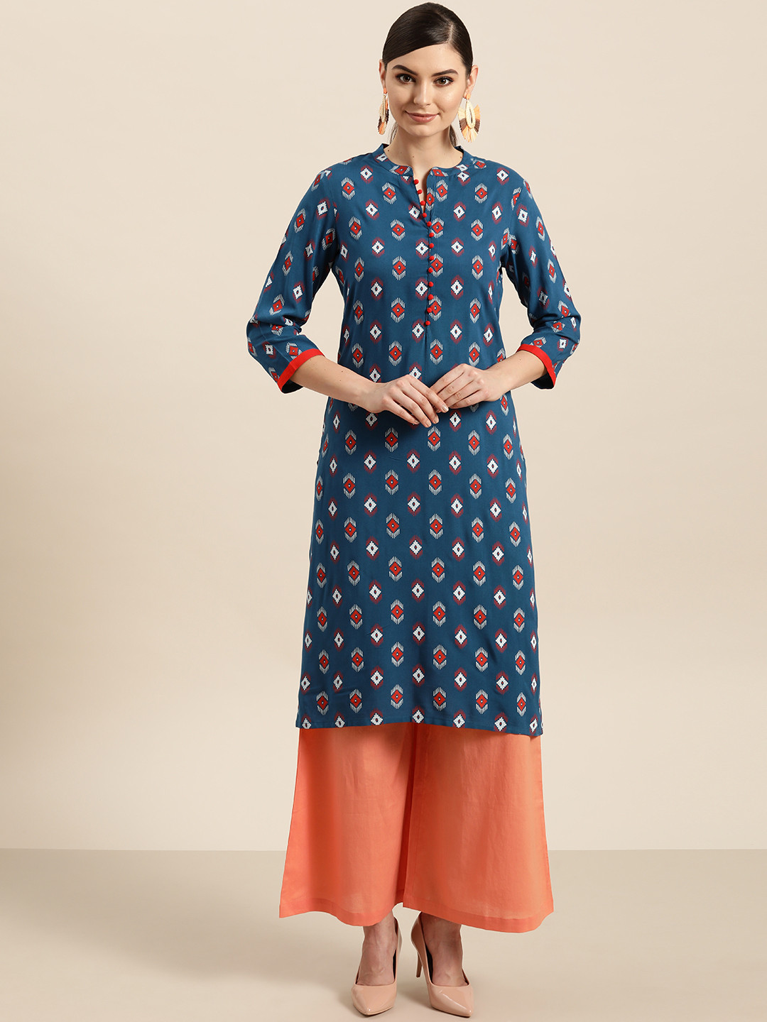 Sangria Women Teal Blue & Red Printed Straight Kurta
