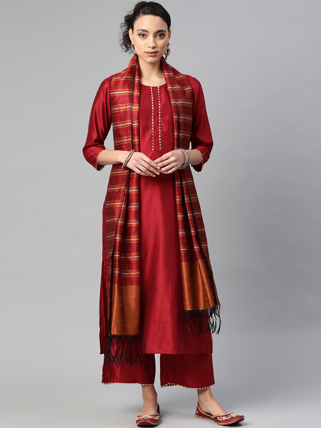 Indo Era Women Maroon Solid Kurta with Palazzos & Dupatta