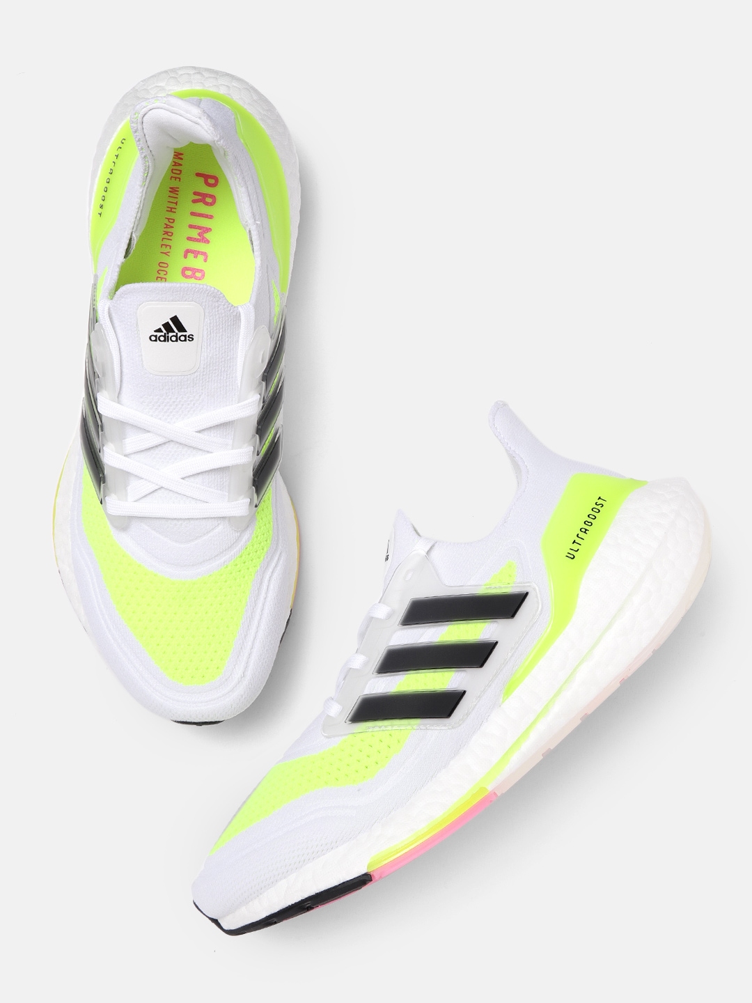 Buy ADIDAS Men White Fluorescent Green Woven Design UltraBoost 21 Running Shoes Sports Shoes for Men 13444554 Myntra