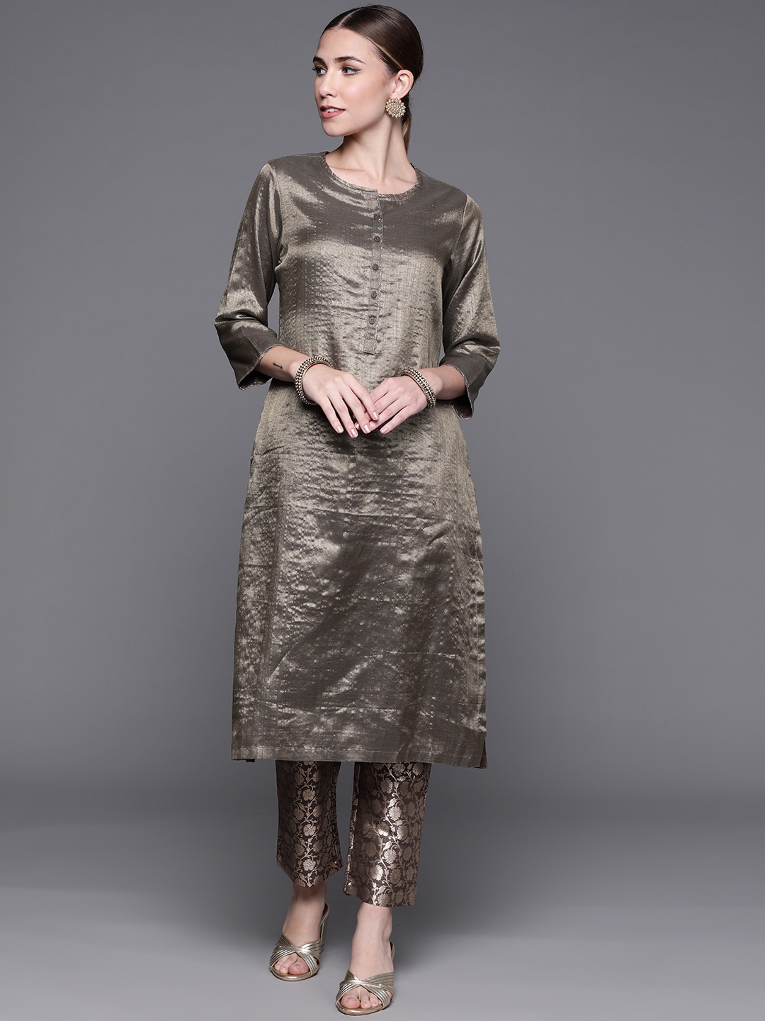 Biba Women Taupe Solid Sheen Kurta With Woven Design Trousers - Kurta Sets for Women 13446106 | Myntra