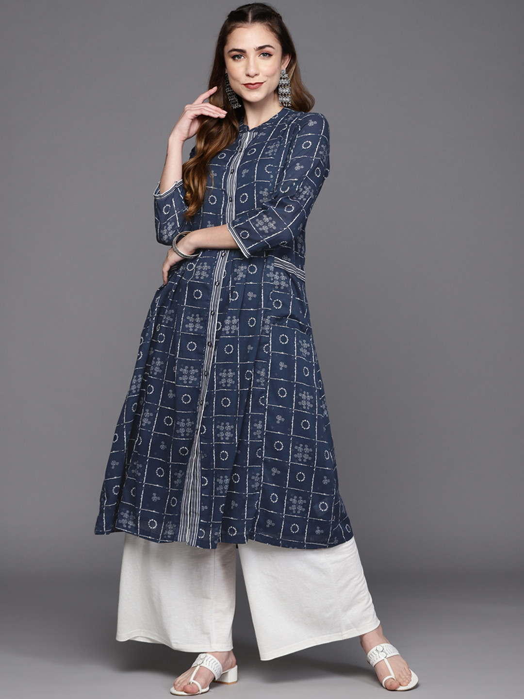 Biba Women Navy Blue & White Ethnic Motifs Printed Kurta with Inner