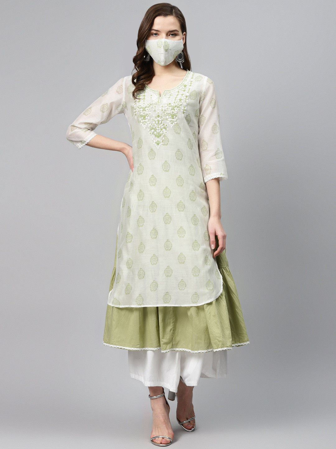Biba Women Off-White  Green Printed Layered A-Line Kurta