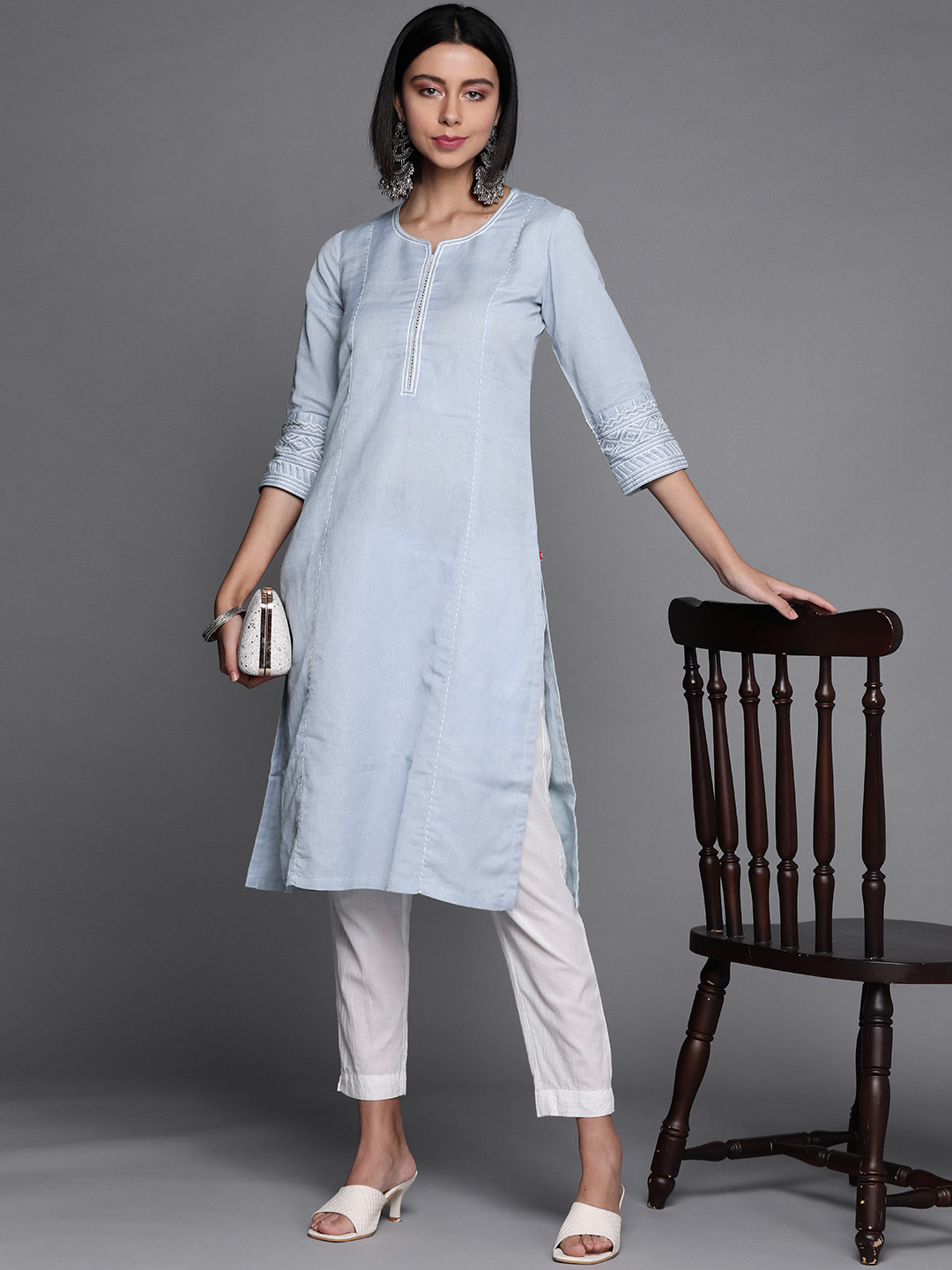 Biba Women Blue Solid Thread Work Pastels Kurta