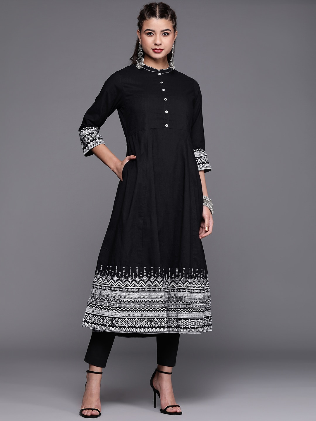 Biba Women Black & White Pure Cotton Solid Kurta With Printed Border