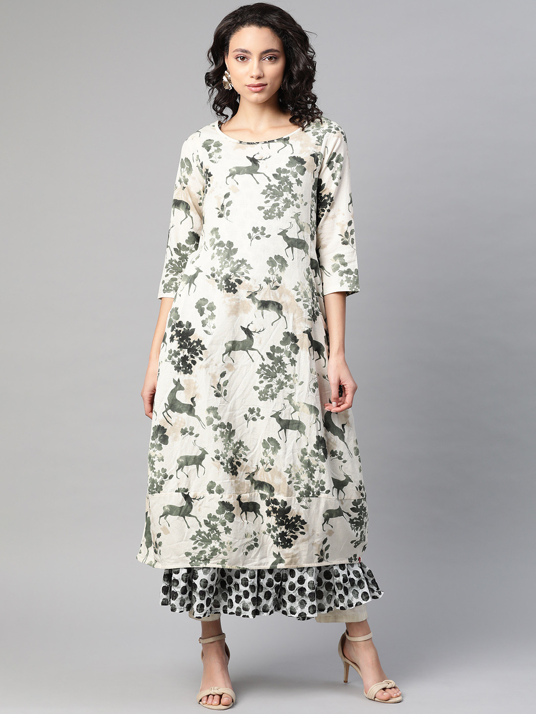 Biba Women Cream-Coloured & Green Printed A-Line Kurta with Ethnic Layer