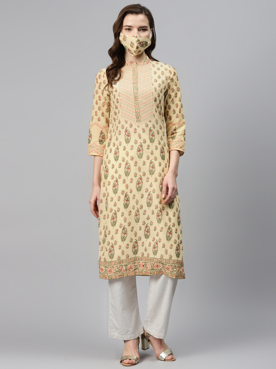Biba Women Beige  Green Printed Pure Cotton Straight Kurta