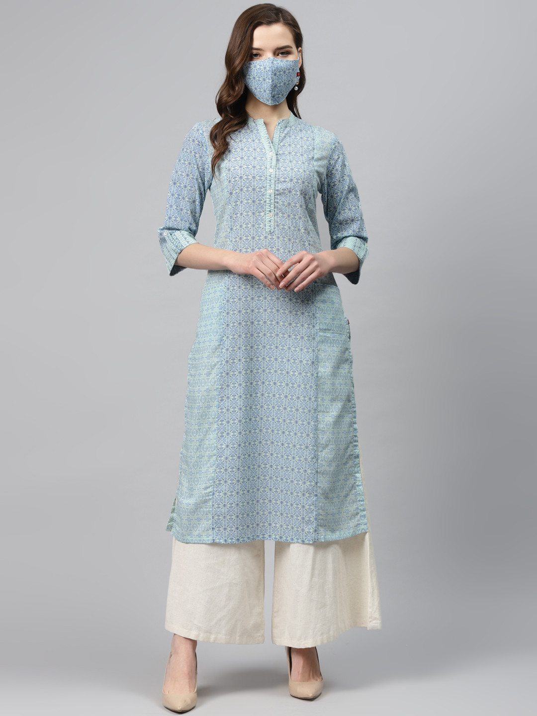 Biba Women Blue & Off-White Printed Pure Cotton Straight Kurta & Mask