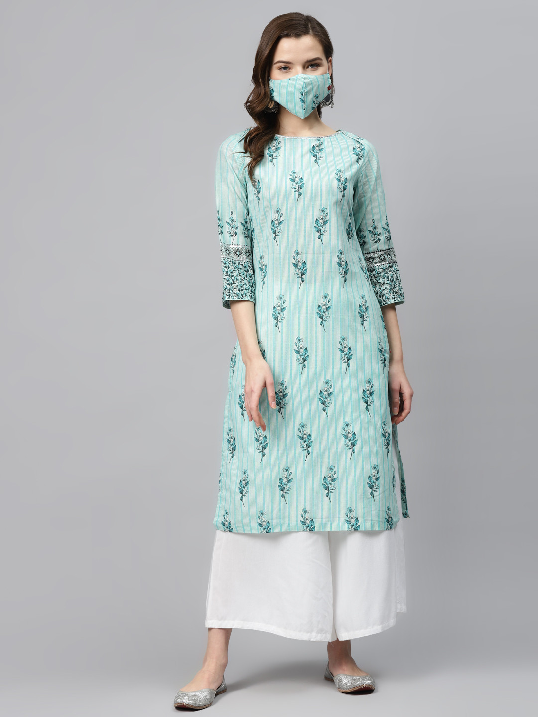 Biba Women Blue  Cream-Coloured Printed Pure Cotton Straight Kurta