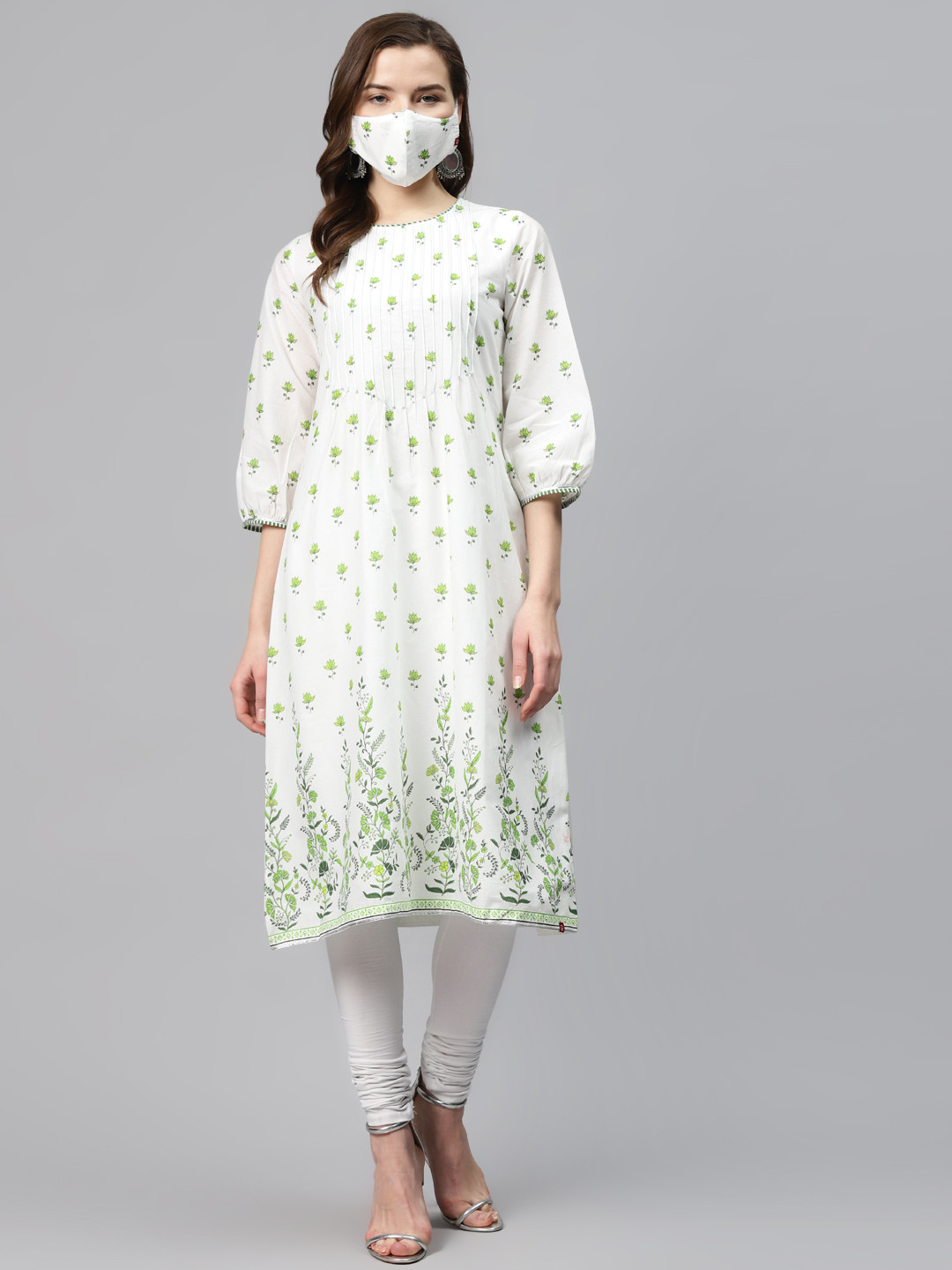 Biba Women White  Green Pure Cotton Pintuck Printed A-Line Kurta