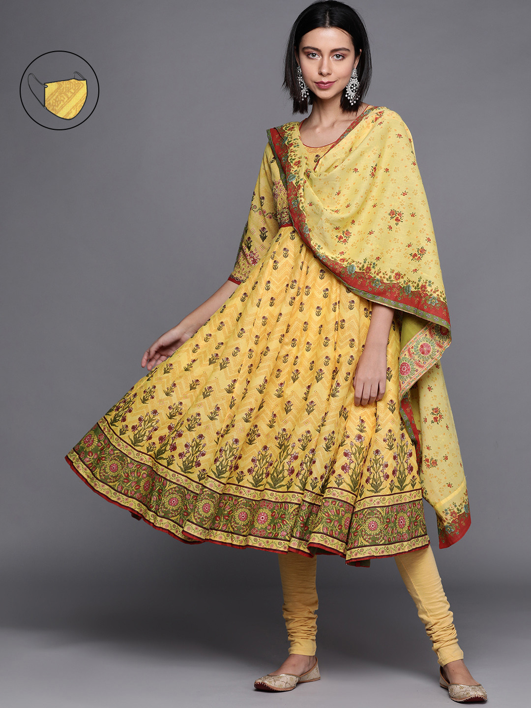 Biba Women Yellow & Olive Green Ethnic Printed Pure Cotton Kurta with Trousers & Dupatta