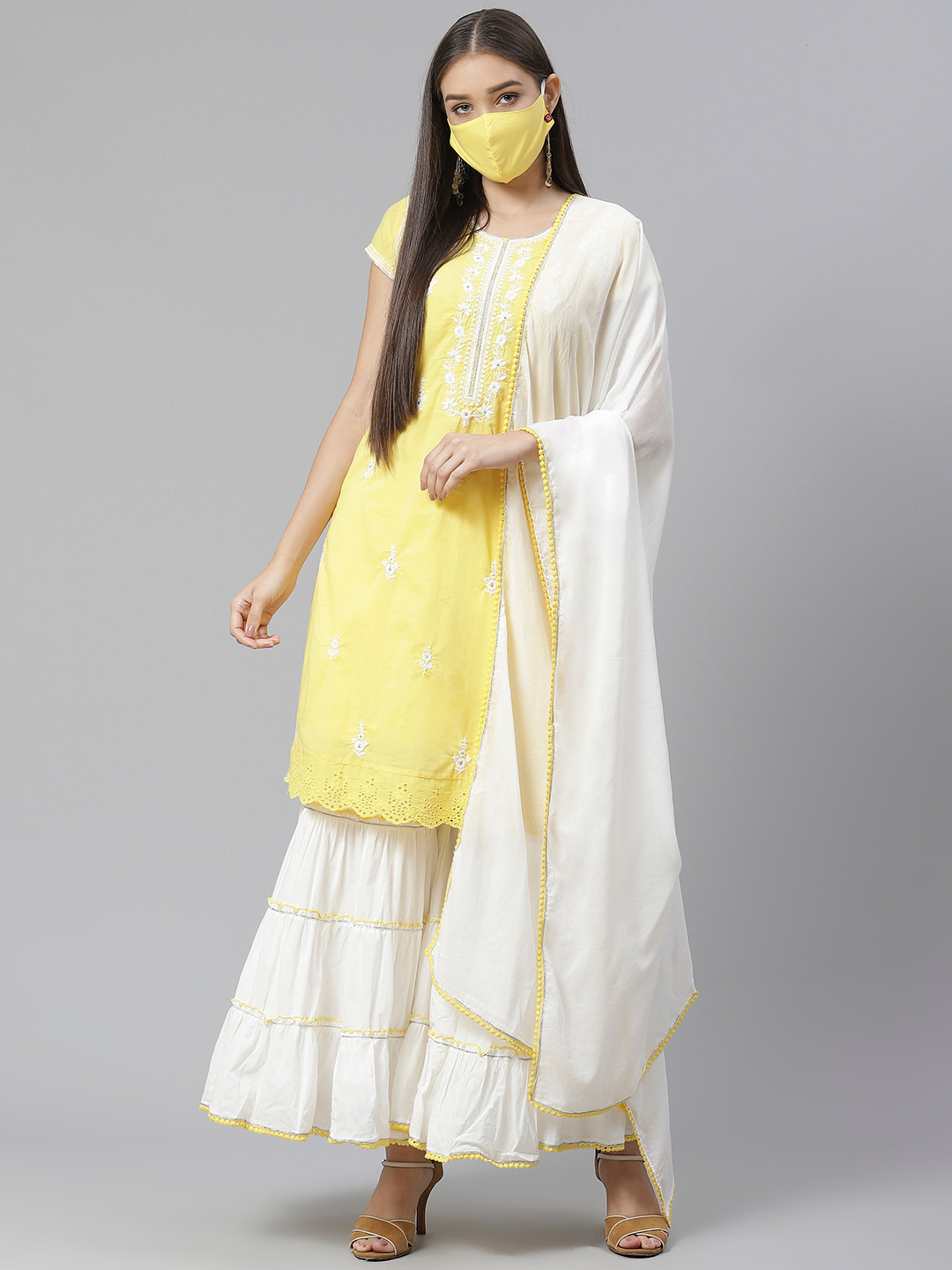 Biba Women Yellow  White Chikankari Embroidered Pure Cotton Kurta Set