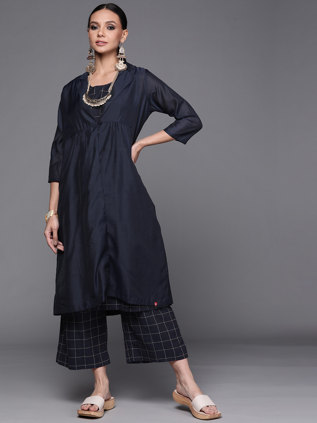 Biba Women Navy Blue & Beige Layered Pure Cotton Kurta with Trousers