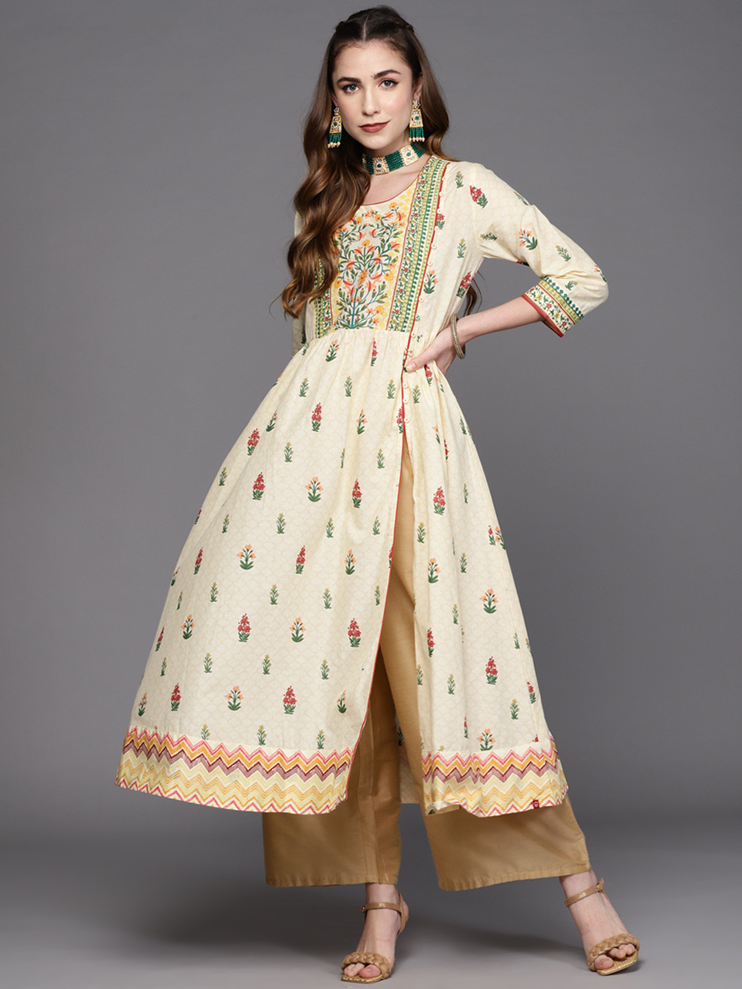 Biba Women Cream-Coloured & Green Ethnic Motifs Printed Front Slit A-Line Kurta