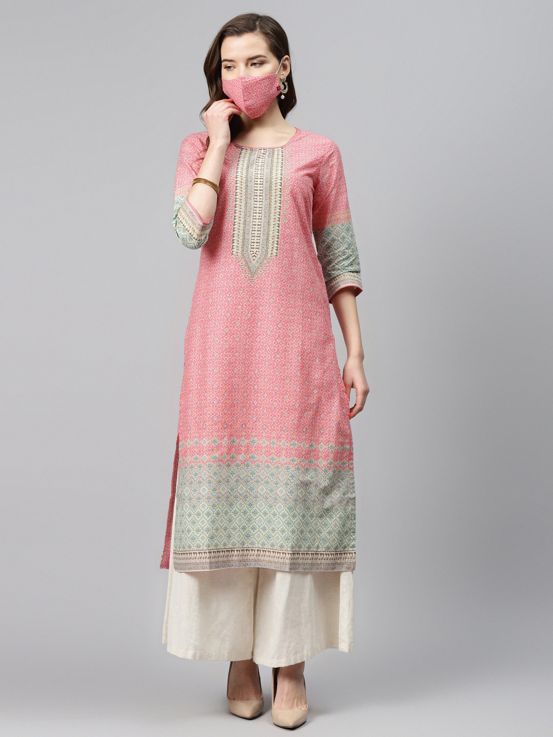 Biba Women Pink & Off-White Printed Pure Cotton Straight Kurta & Mask