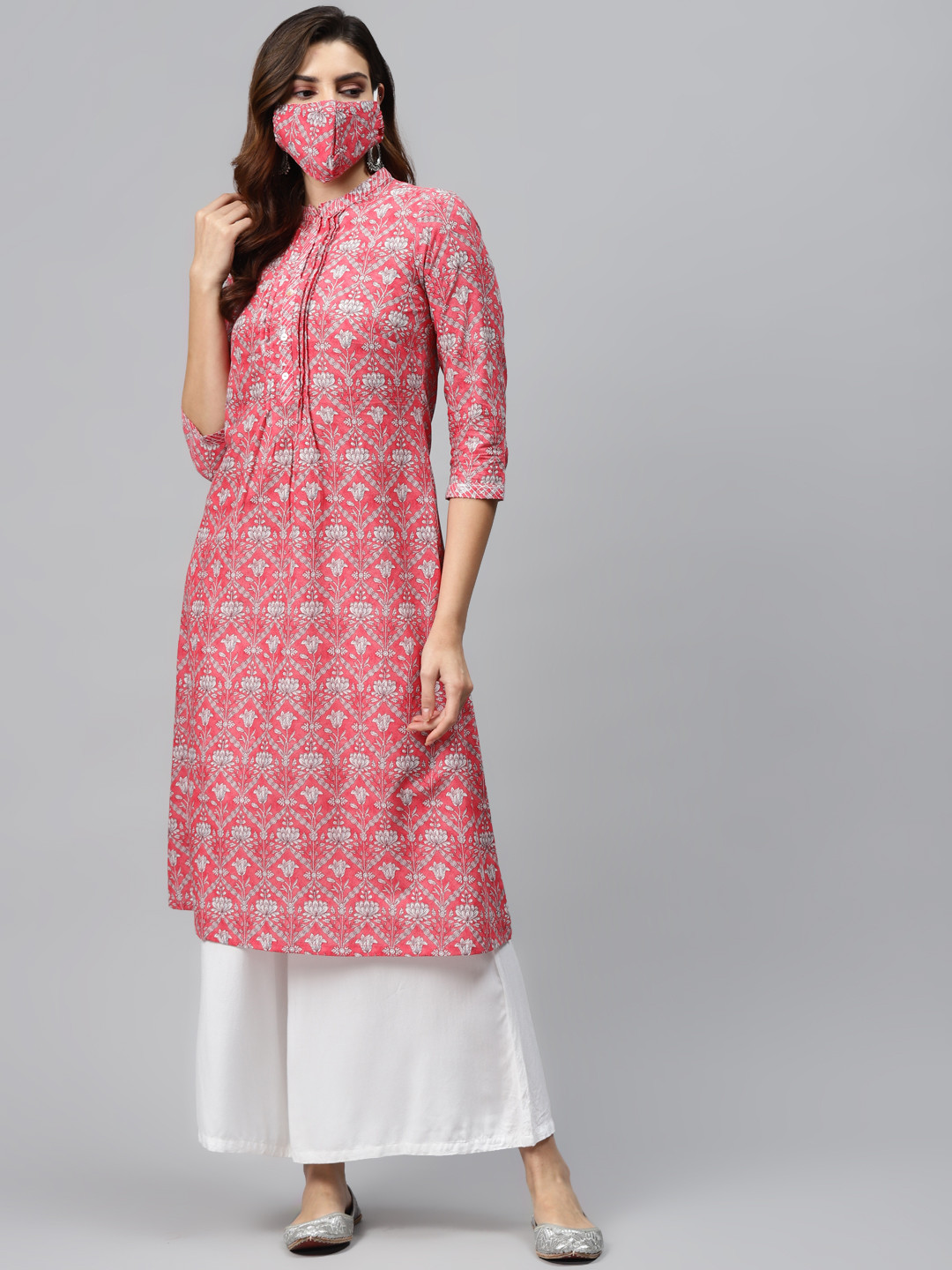 Biba Women Pink  Off-White Printed Pure Cotton A-Line Kurta