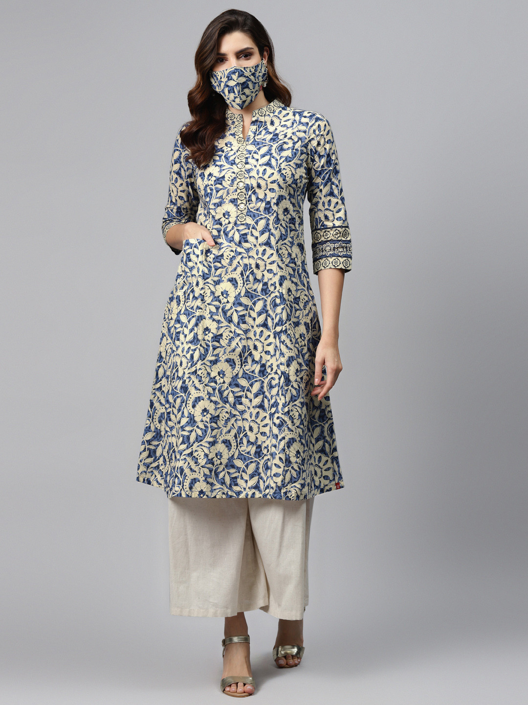 Biba Women Blue  Cream-Coloured Floral Printed Pure Cotton A-Line Kurta