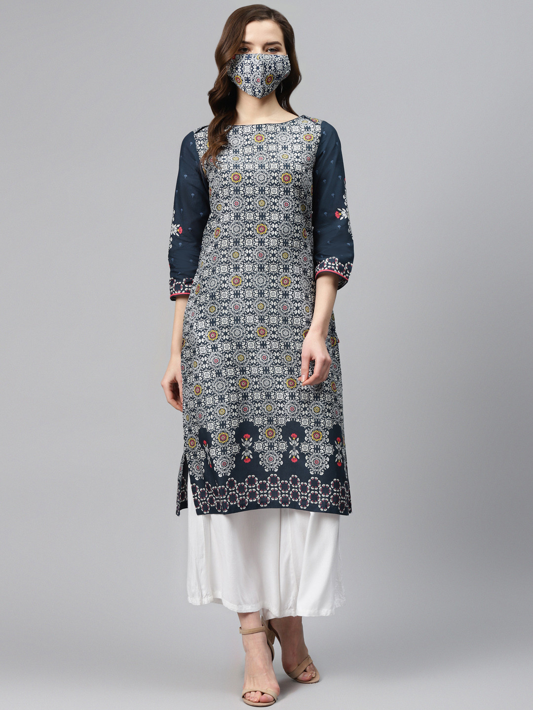 Biba Women Blue  White Printed Pure Cotton Straight Kurta
