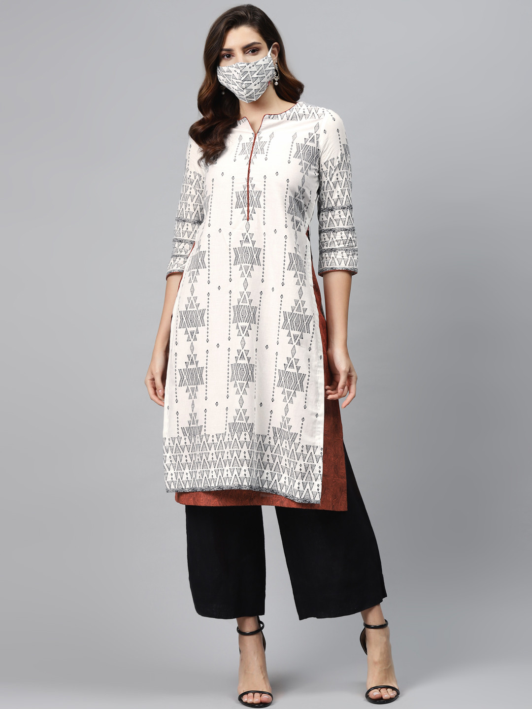 Biba Women White & Black Printed Pure Cotton Straight Layered Kurta