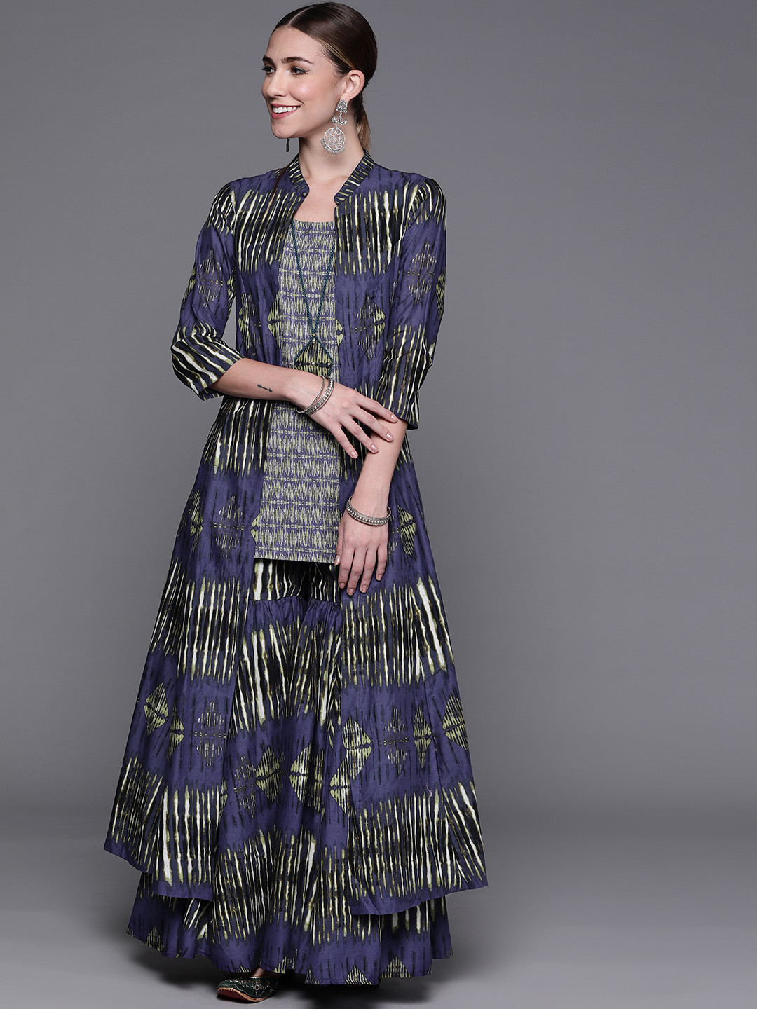 Biba Women Navy Blue & Off-White Printed Pure Cotton Kurti with Sharara & Ethnic Jacket