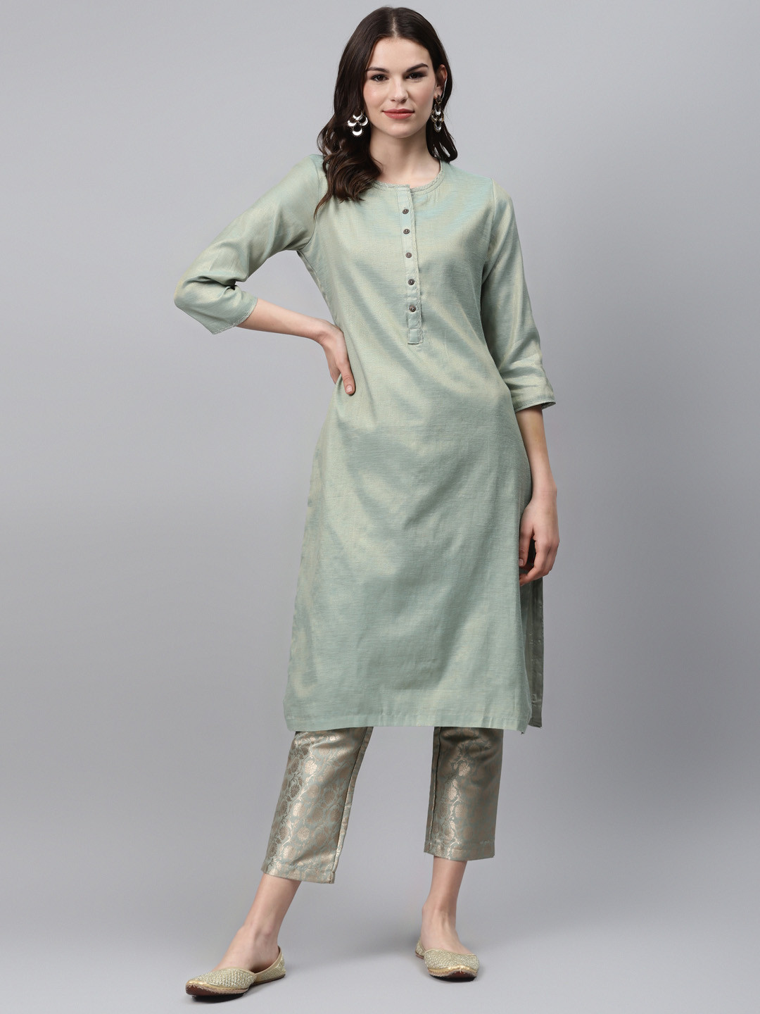 Biba Women Green Woven Design Kurta with Brocade Trousers