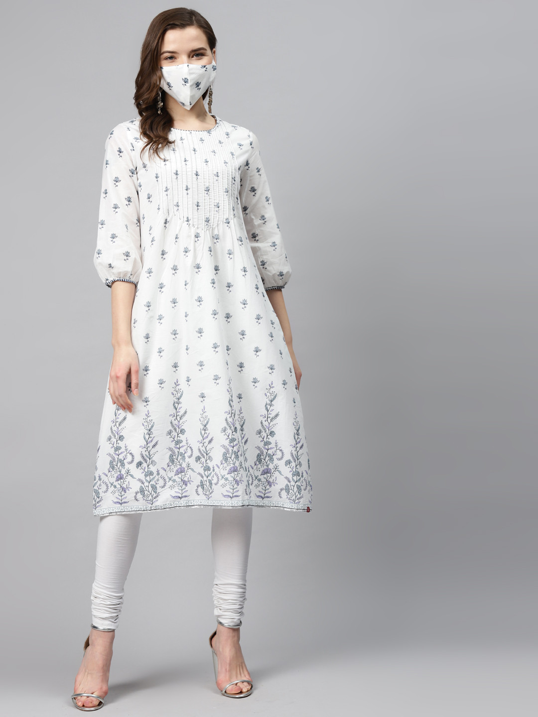 Biba Women White  Grey Pure Cotton Pintuck Printed A-Line Kurta