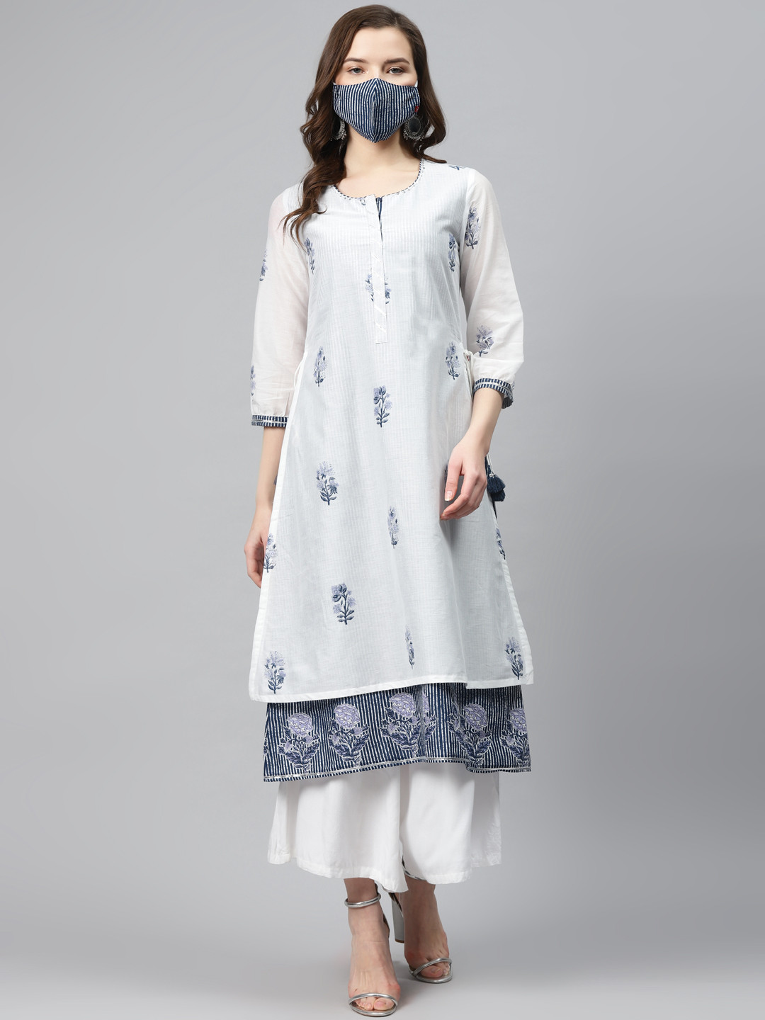 Biba Women Off-White  Navy Blue Printed Pure Cotton Layered A-Line Kurta