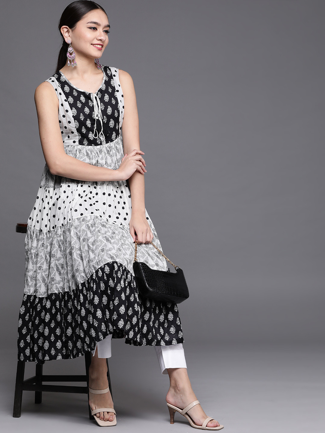 Biba Women White & Black Ethnic Motifs Printed Tiering Anarkali Kurta
