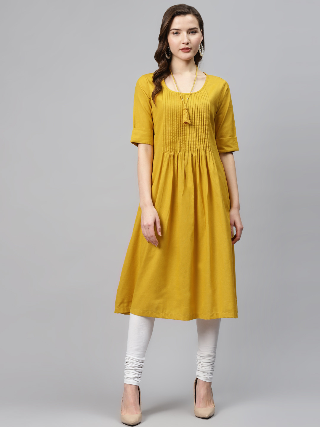Biba Women Mustard Yellow Pintuck Solid A-Line Kurta With Thread Necklace