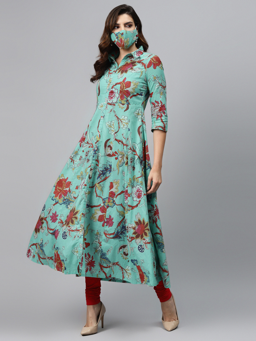 Biba Women Sea Green  Red Pure Cotton Floral Printed Anarkali Kurta