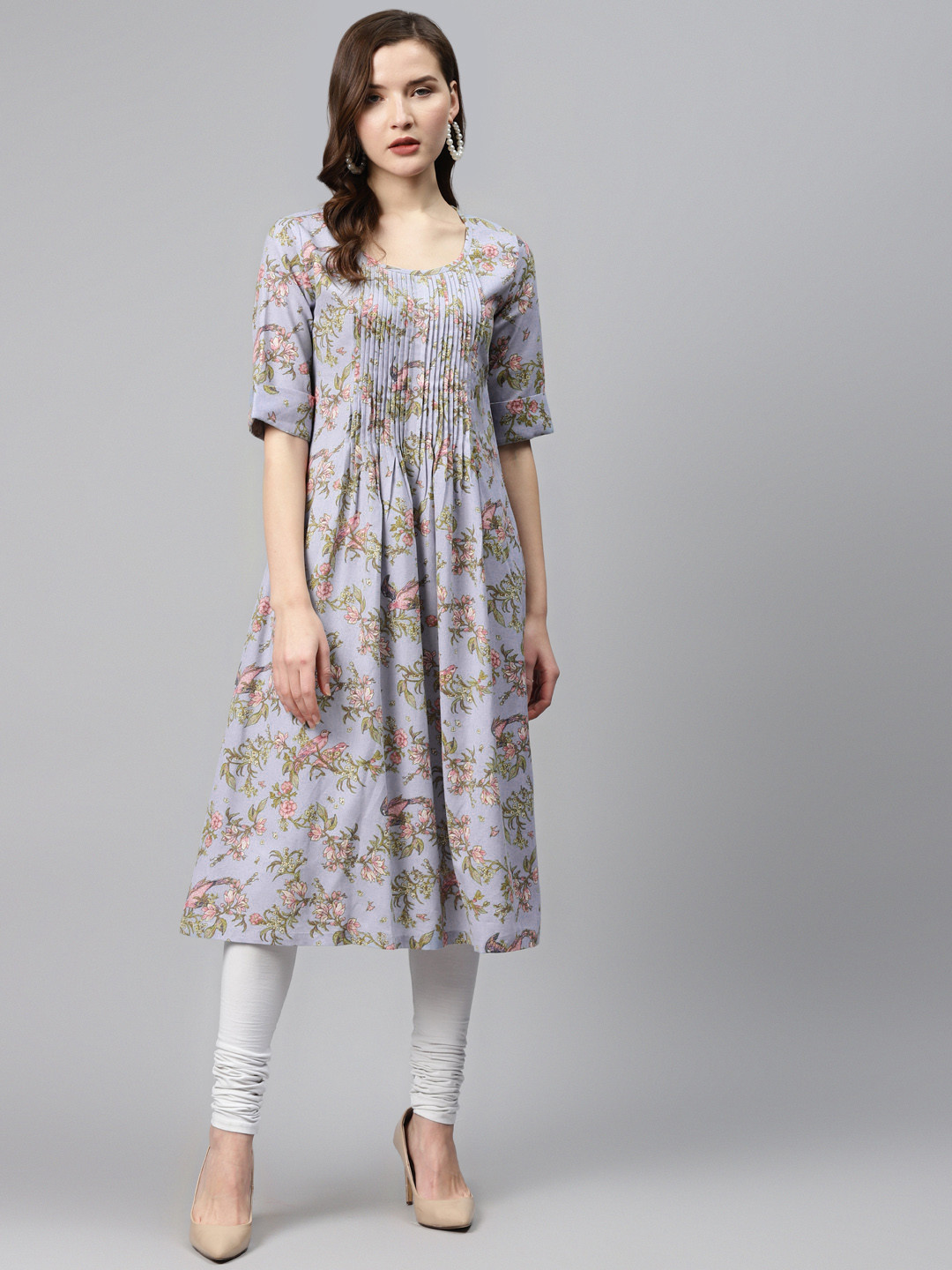 Biba Women Blue & Pink Floral Print A-Line Kurta