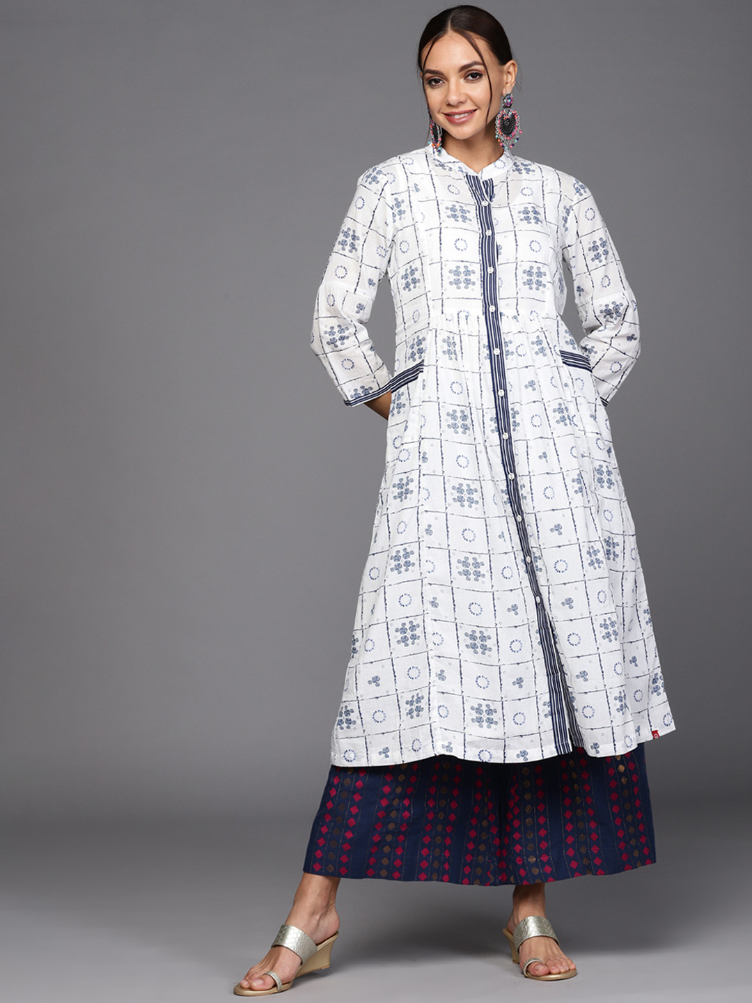 Biba Women White & Navy Blue Ethnic Motifs Printed Kurta with Inner