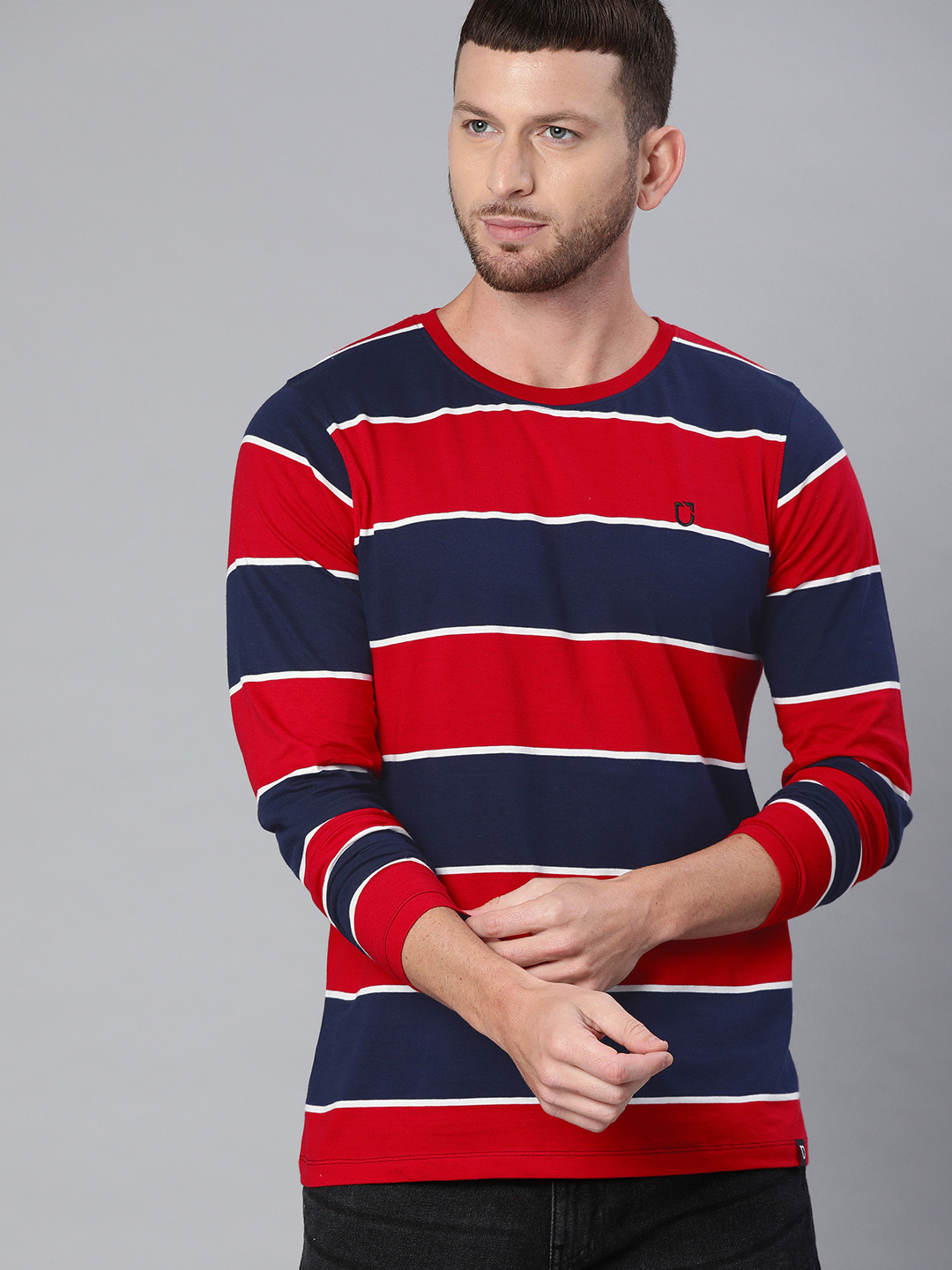 Urbano Fashion Men Navy Blue  Red Striped Round Neck Pure Cotton T-shirt