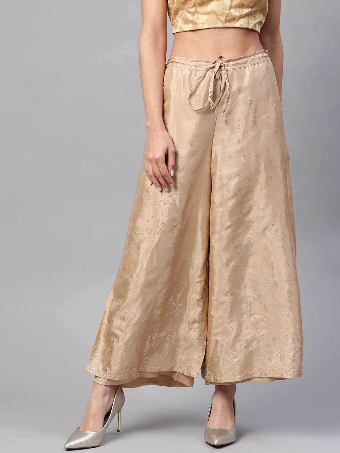 Biba Women Beige & Golden Printed Wide Leg Layered Palazzos