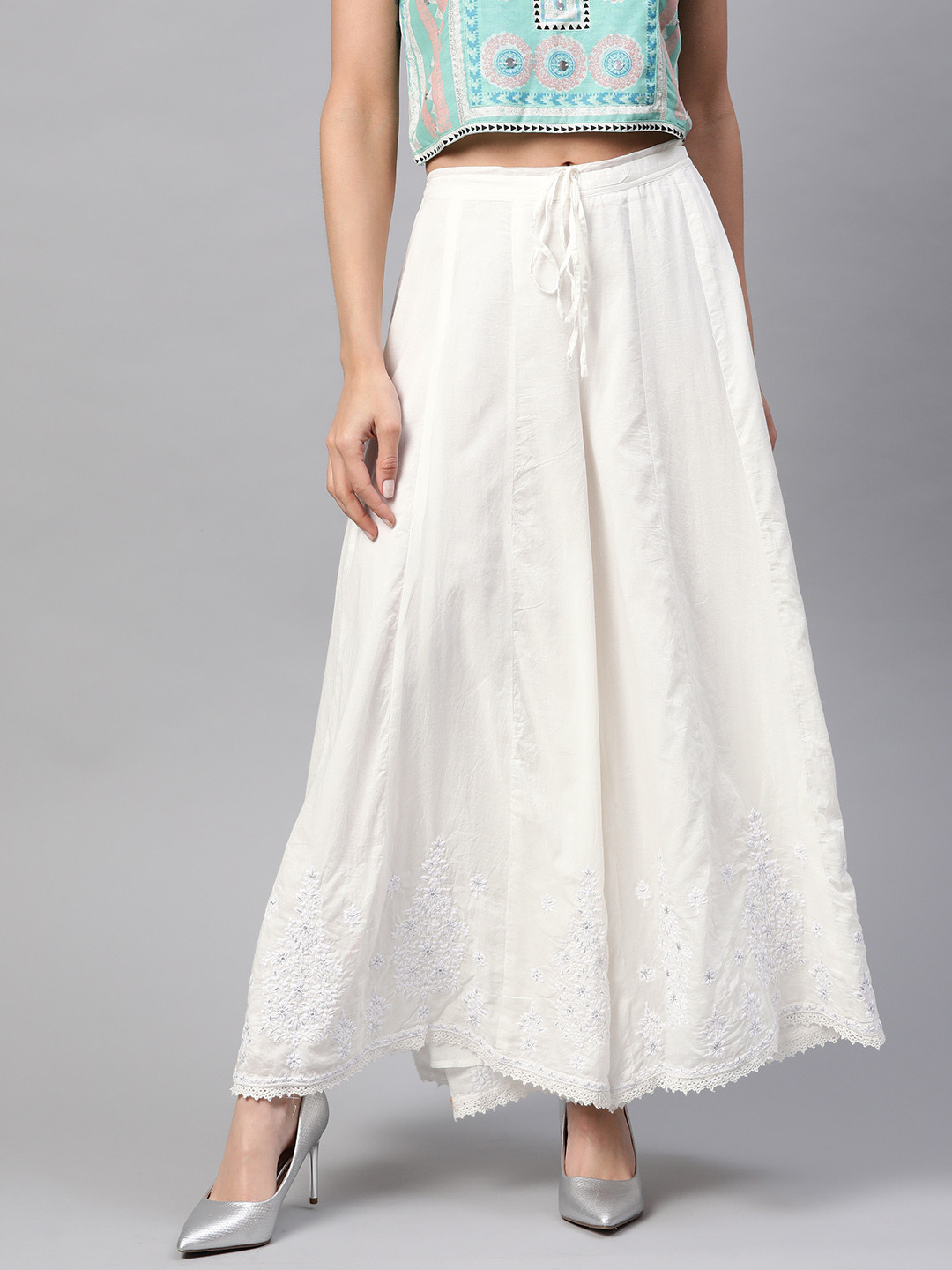 Biba Women White Pure Cotton Chikankari Embroidered Hem Design Flared Palazzos