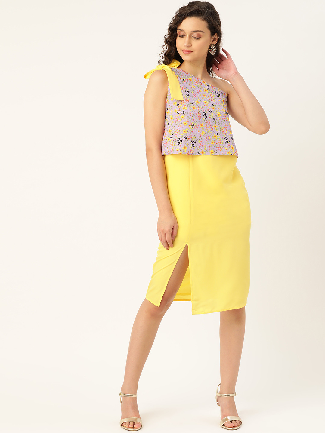DODO & MOA Women Yellow & Lavender Floral One-Shoulder Layered A-Line Dress