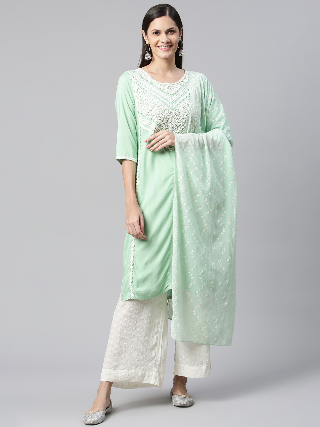 AURELIA Women Green Floral Embroidered Patchwork Kurta with Palazzos & With Dupatta
