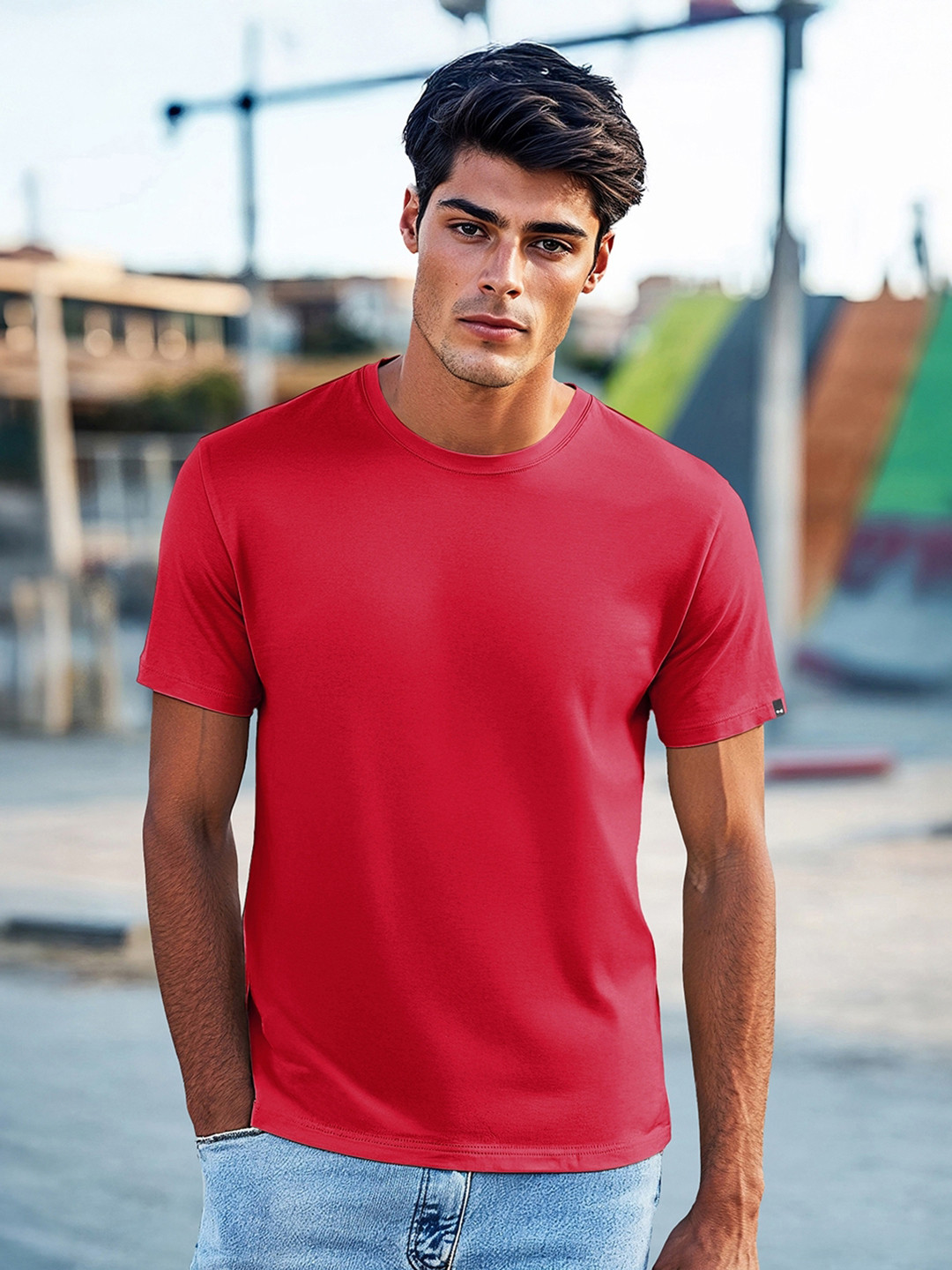 Bewakoof Men Red Solid Round Neck Pure Cotton T-shirt