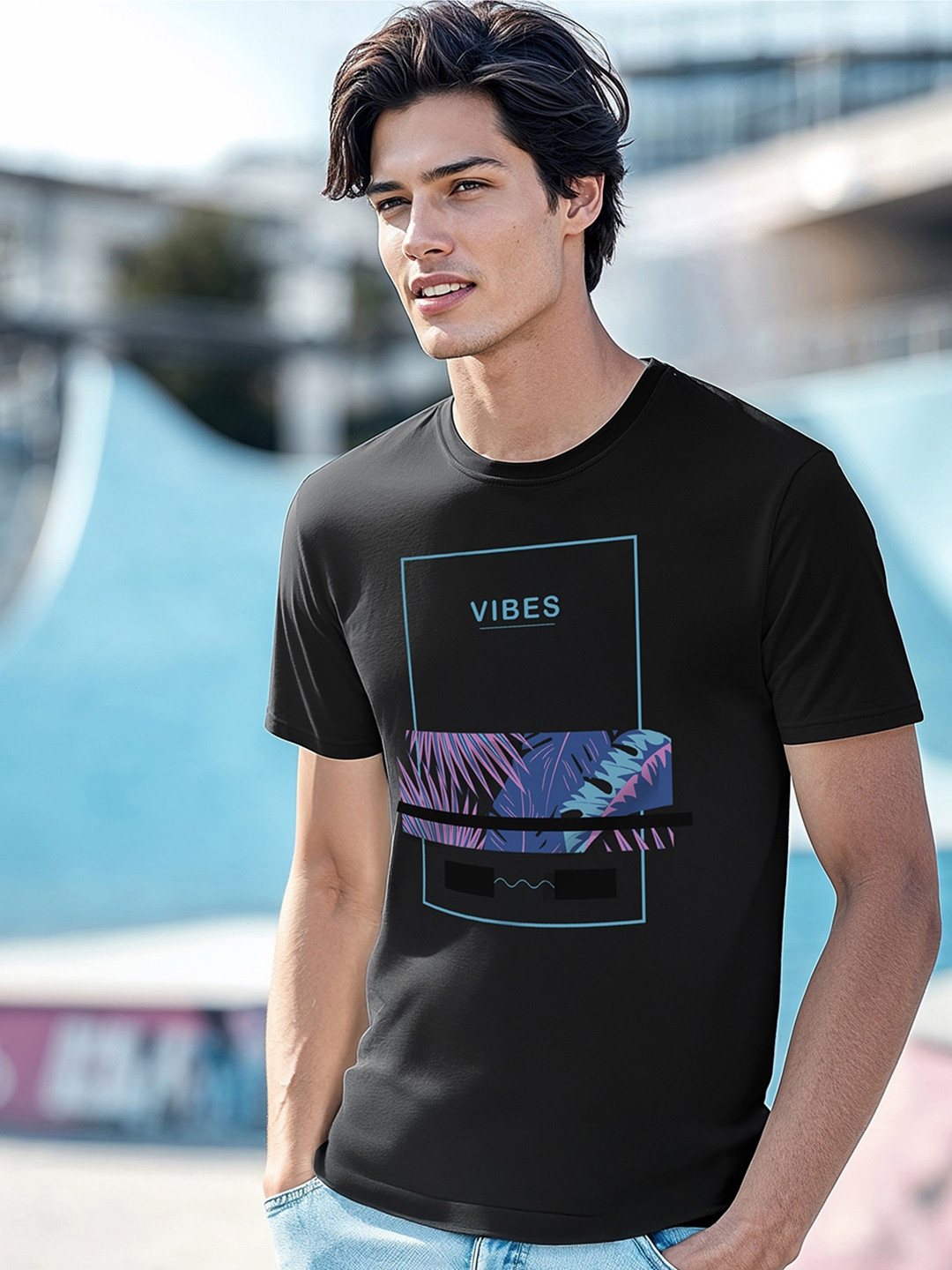 Bewakoof Men Black Printed Round Neck Pure Cotton T-shirt