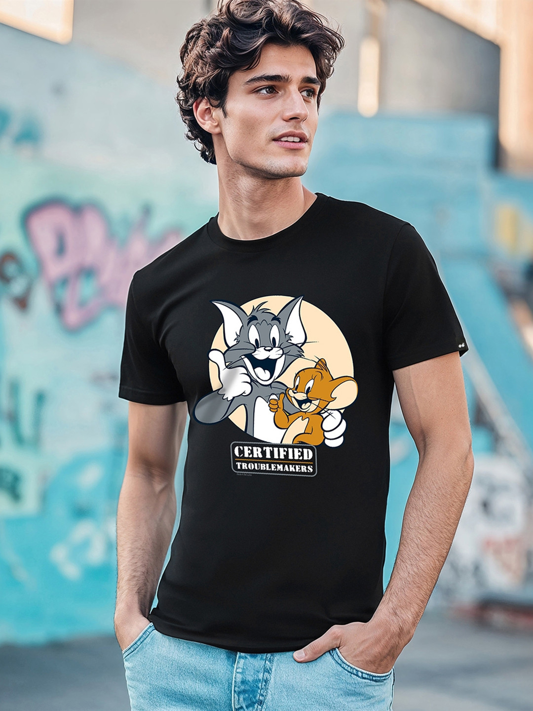 Bewakoof Official Tom & Jerry Merchandise Certified Troublemakers Graphic Printed T-Shirt