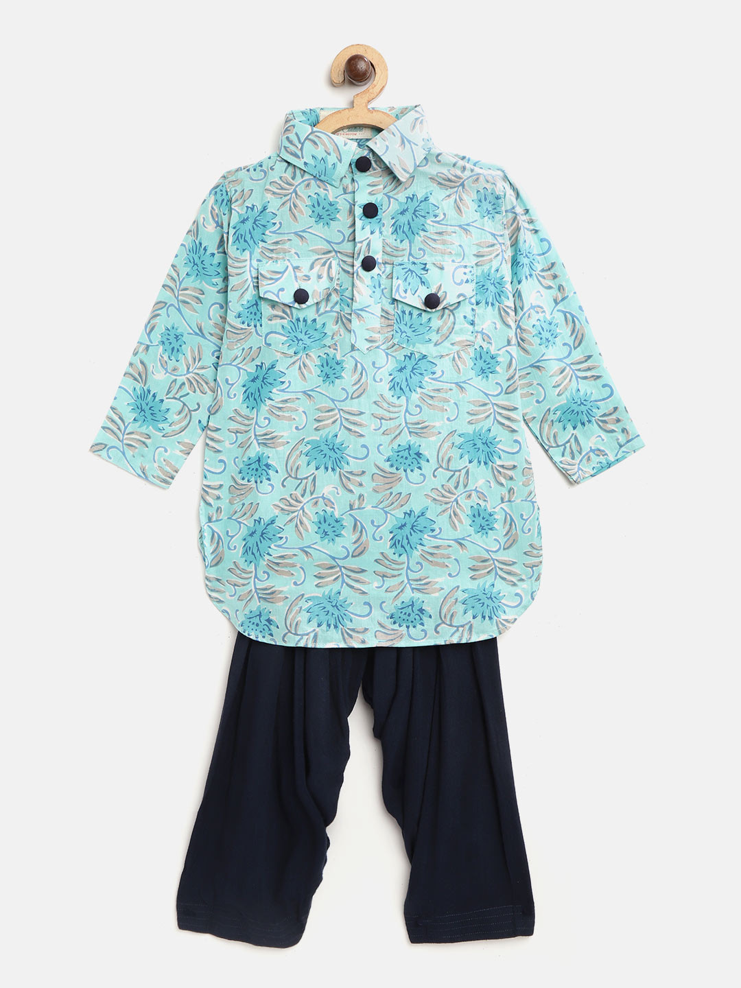 Cute Couture Boys Blue & Grey Ethnic Print Pathani Kurta with Patiala