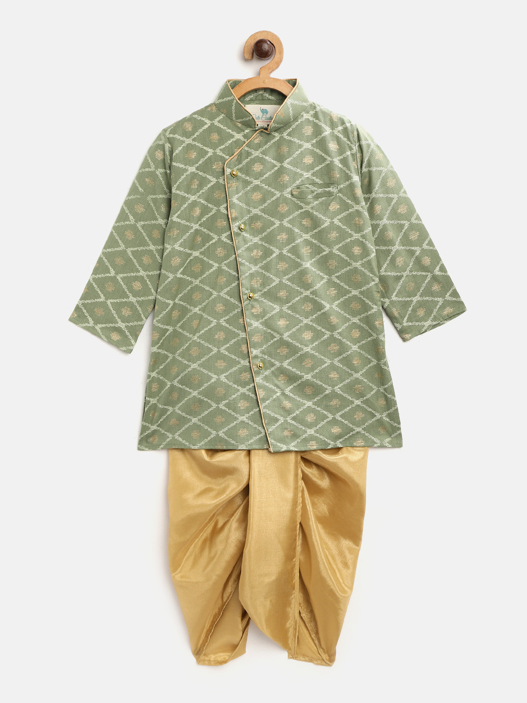 Cute Couture Boys Green & Golden Geometric Print Kurta with Dhoti Pants