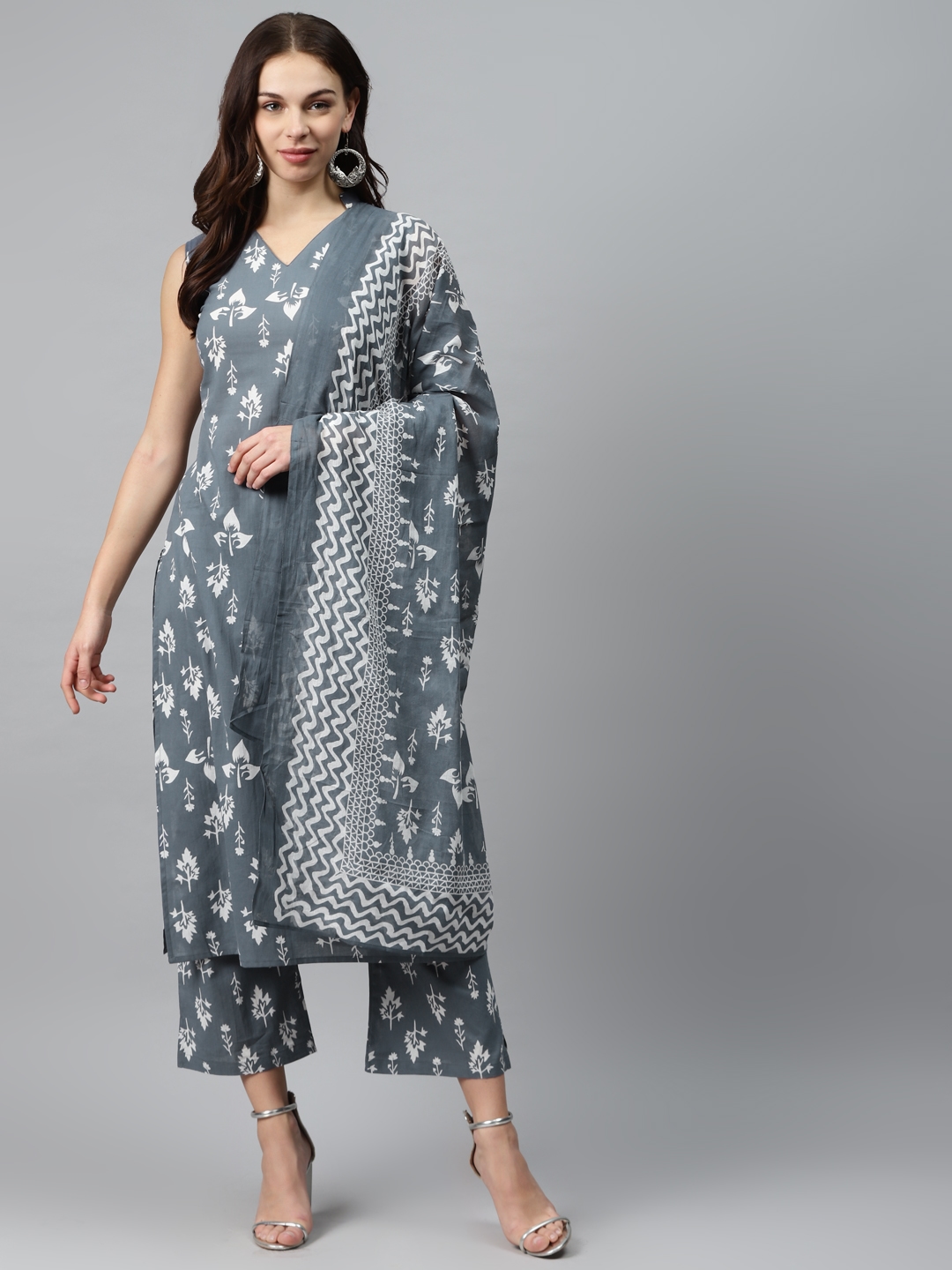 Buy Mokshi Women Grey & White Printed Kurta With Palazzos & Dupatta -  - Apparel for Women