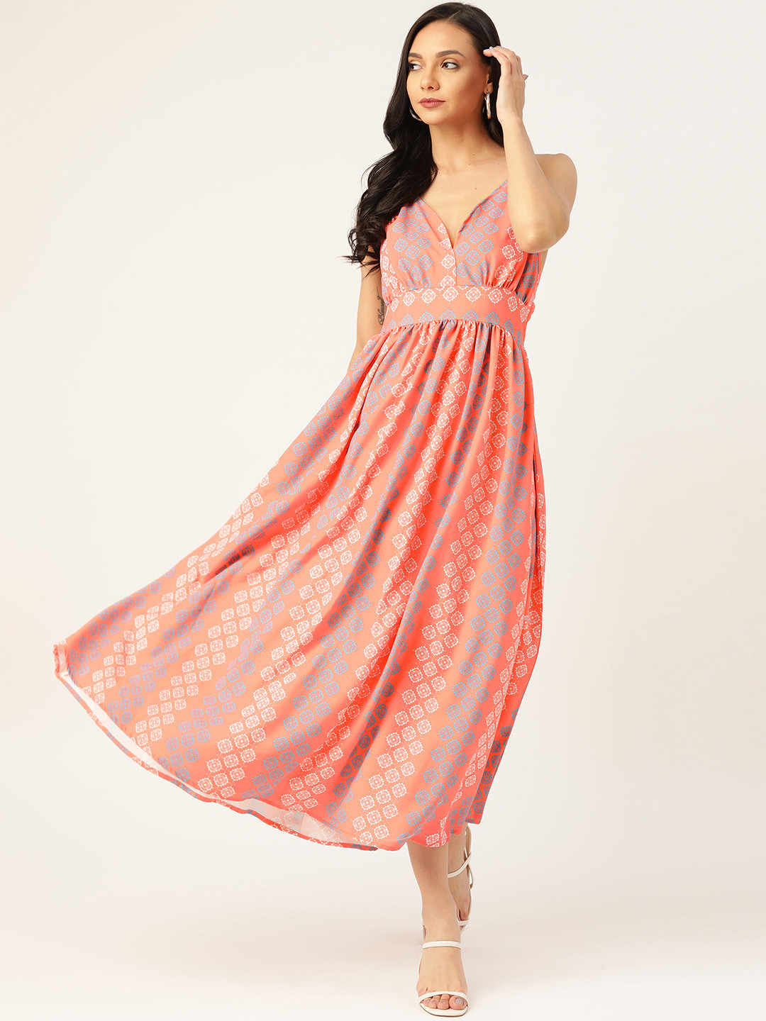MELOSO Women Peach-Coloured & Blue Printed Maxi Dress