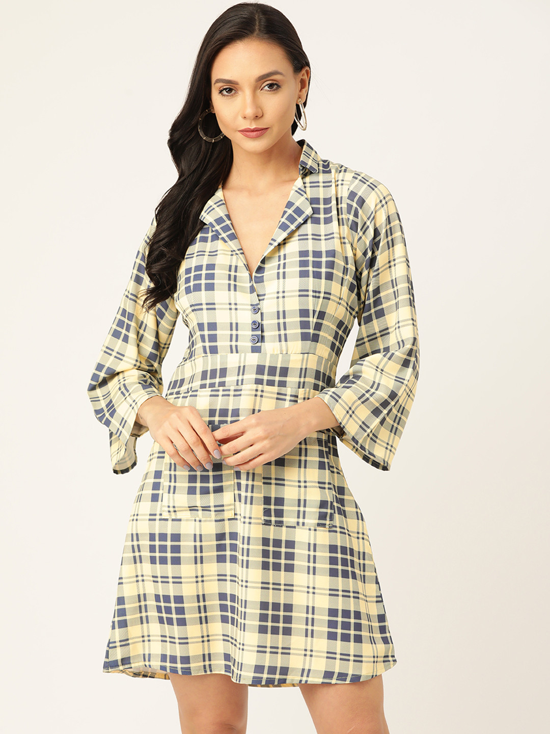 MELOSO Women Yellow & Charcoal Grey Checked Shirt Dress