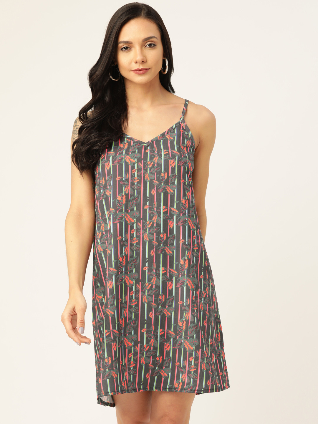 MELOSO Women Charcoal Grey & Pink Striped A-Line Slip Dress