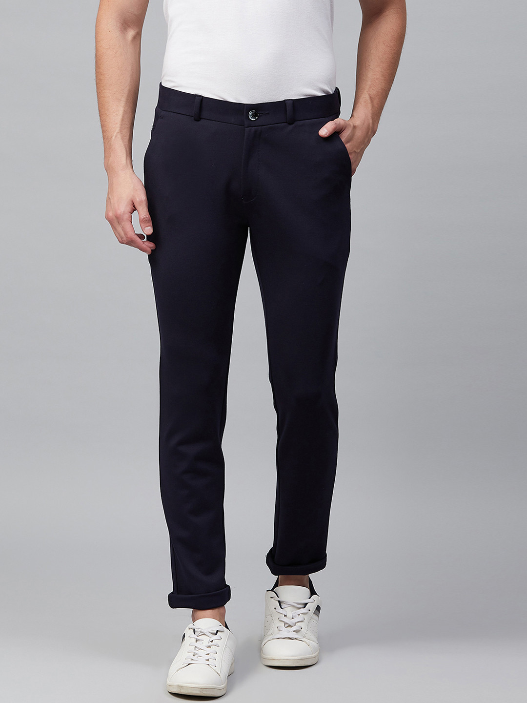 DENNISON Men Navy Blue Wrinkle Free 4-Way Lycra Smart Skinny Fit Solid Chinos