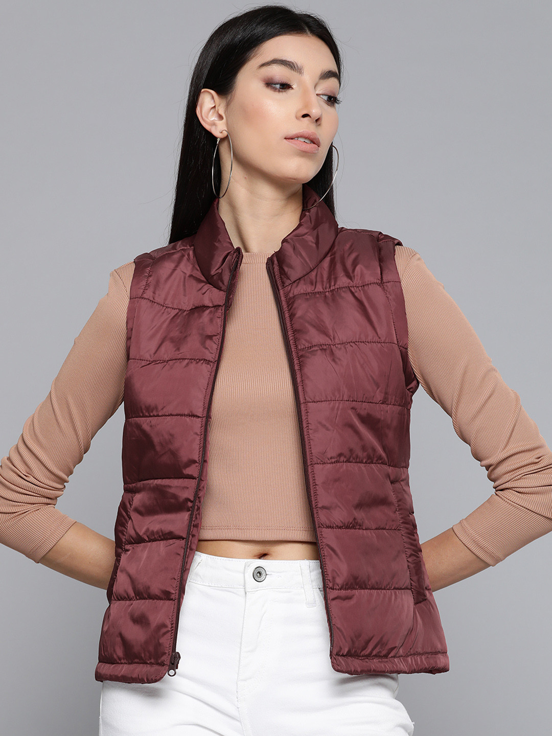 Pierre Carlo Women Maroon Solid Sleeveless Padded Jacket